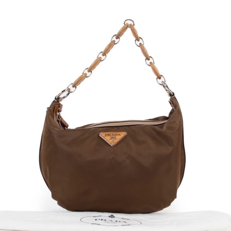 Prada flower handbag shoulder bag brown multicolor nylon leather size  34x30x12cm