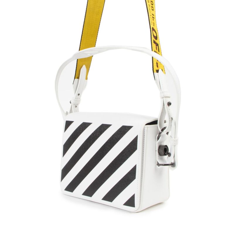 Off White Striped Leather Binder Clip Flap Bag