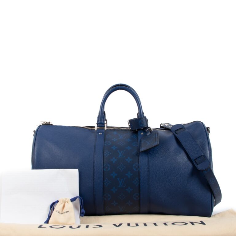LOUIS VUITTON Keepall Cobalt Blue Tiagarama Bandouliere Coated Canvas  Travel Duffle Bag