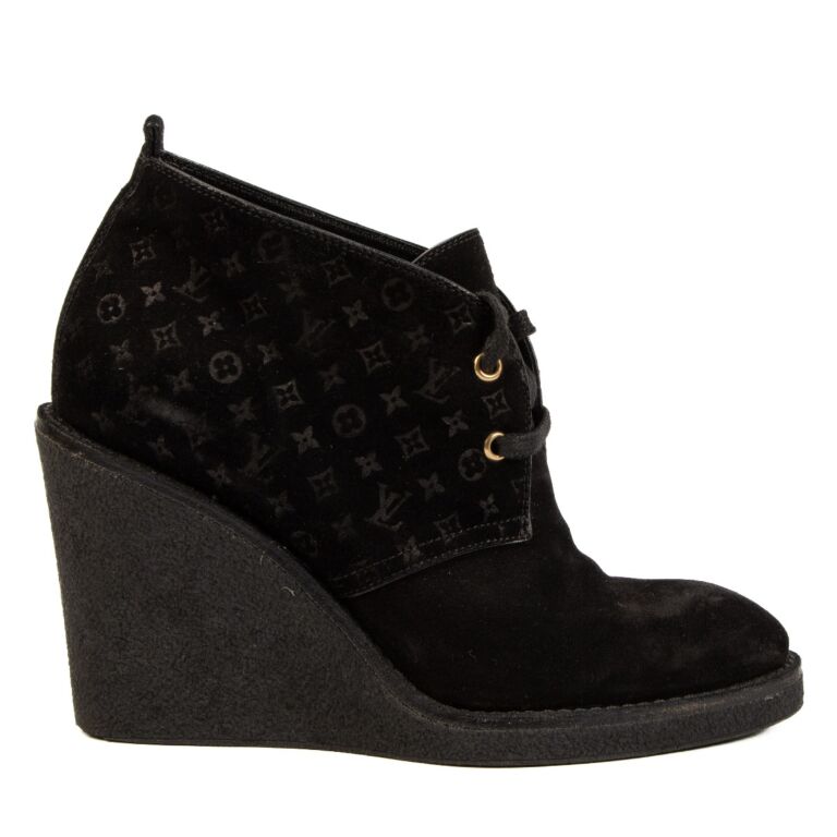 Louis Vuitton Black Monogram Suede Wedge Boots ○ Labellov ○ Buy