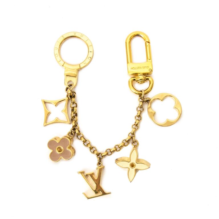 Gold & Beige Enamel Fleur De Monogram Bag Charm Chain