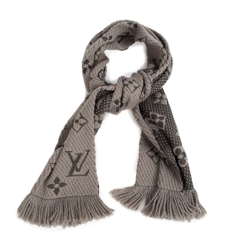 Louis Vuitton Logomania Gray Women Scarf Wool Blend Fringes