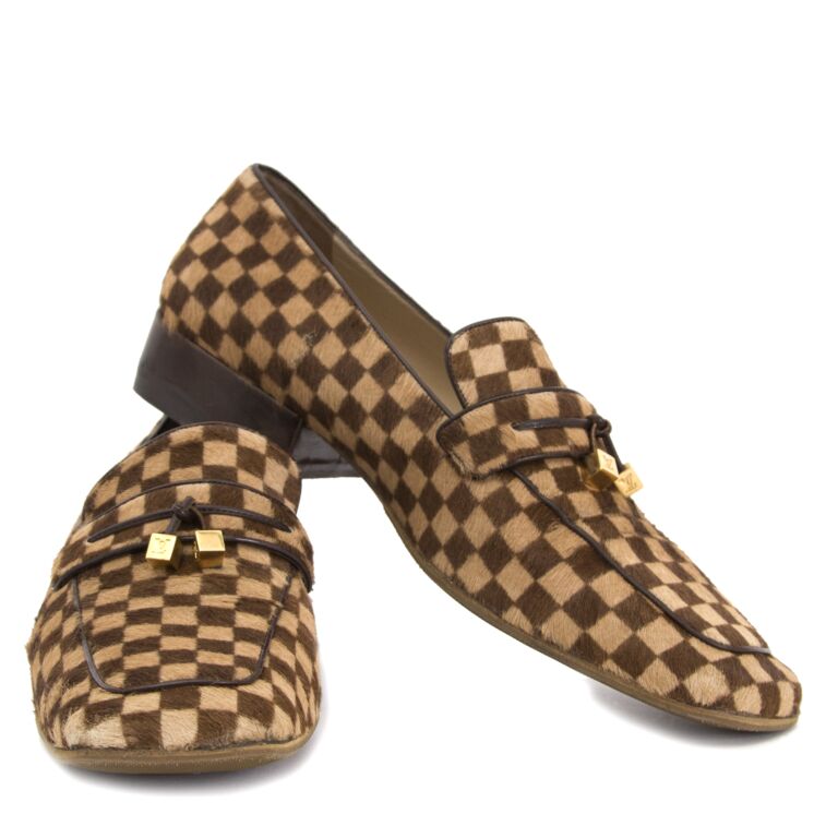 LOUIS VUITTON Loafer Damier Beige Brown Pony Hair LV Dice Logo Charm Size  42