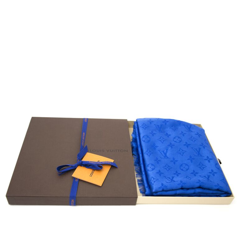 Louis Vuitton Monogram Blue Wool Silk Shawl Scarf ○ Labellov