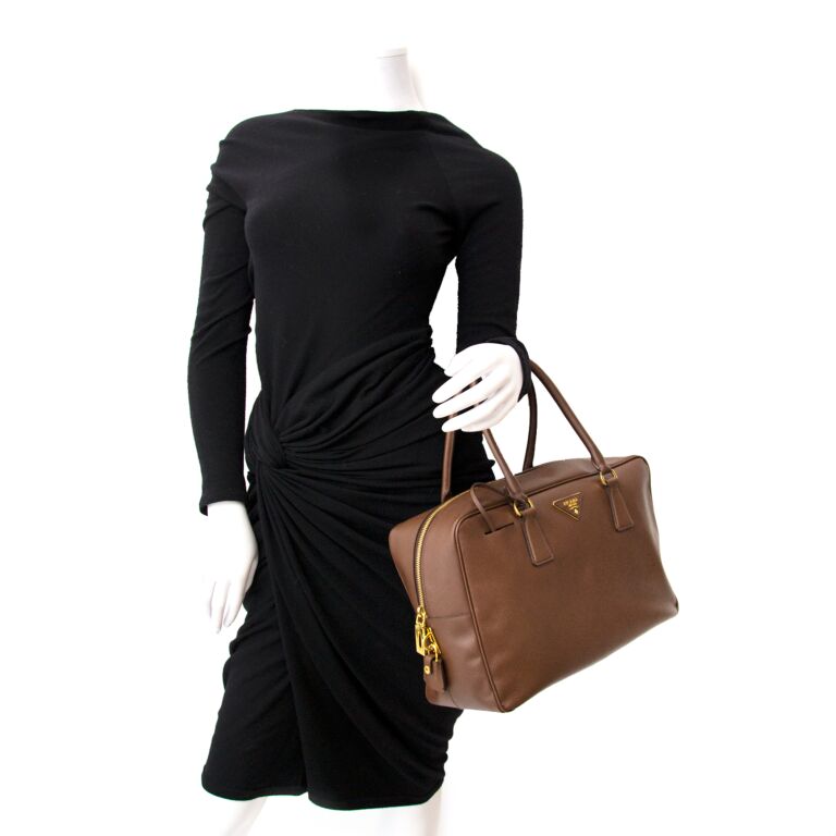 Prada Gold Saffiano Lux Leather Bauletto Satchel Bag at 1stDibs