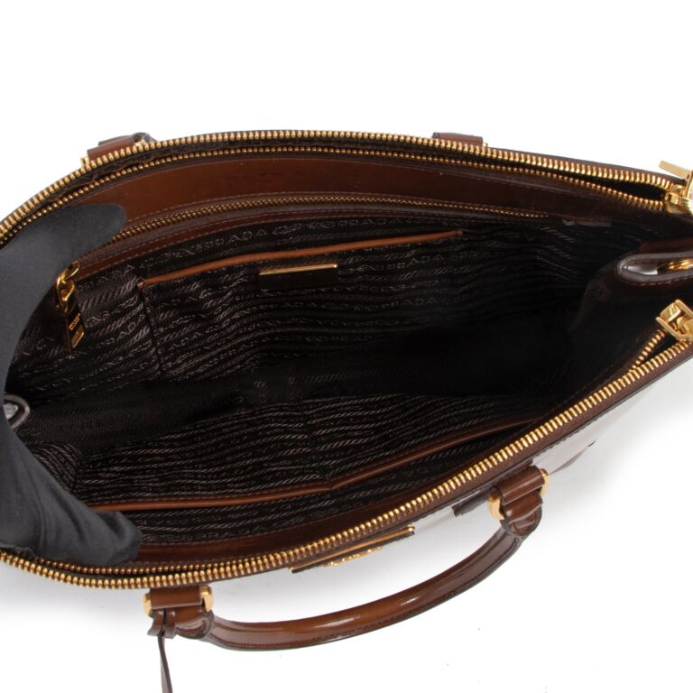 Prada Large Brown Saffiano Leather Double Galleria Tote Bag