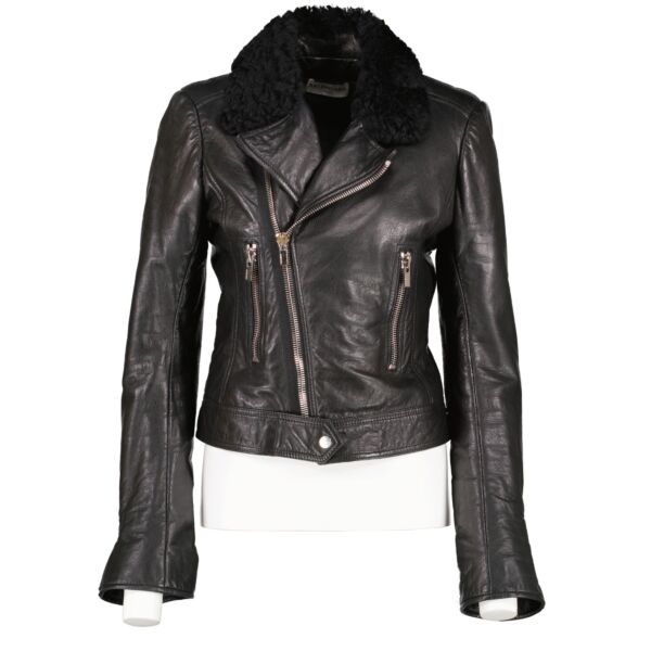 Balenciaga Black Fur Collar Leather Biker Jacket