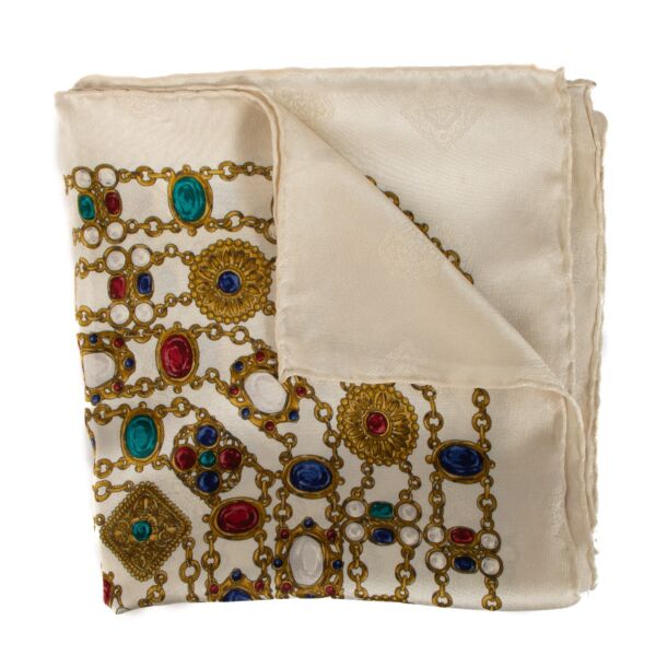 Buy real authentic Chanel Beige Jewelry Print Carre Scarf safe online at labellov.com