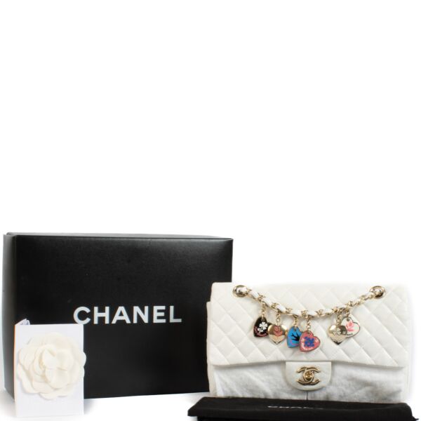 Chanel White Limited Edition Valentine's Day Charm Medium Classic Bag