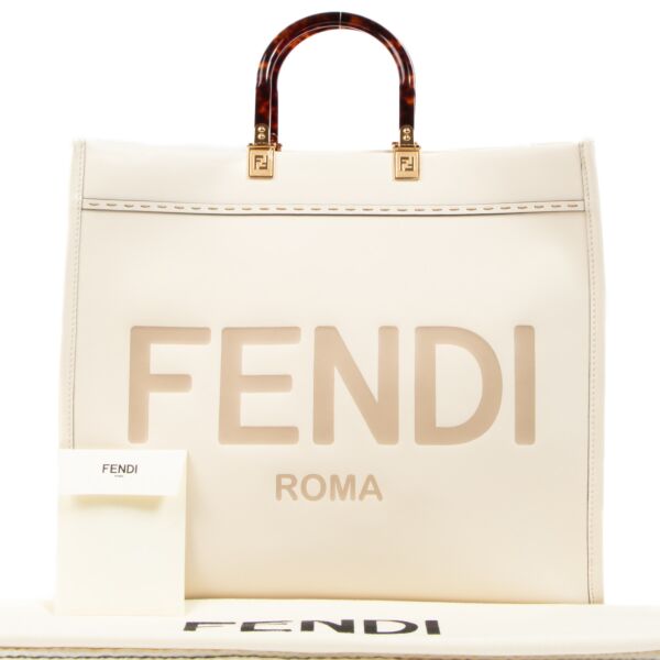 Fendi Beige White Sunshine Large Leather Shopper Bag