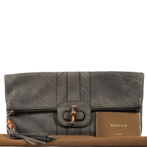 Gucci Grey Leather Bamboo Clutch