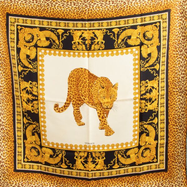 Versace Gold Leopard Barroco Print Silk Scarf