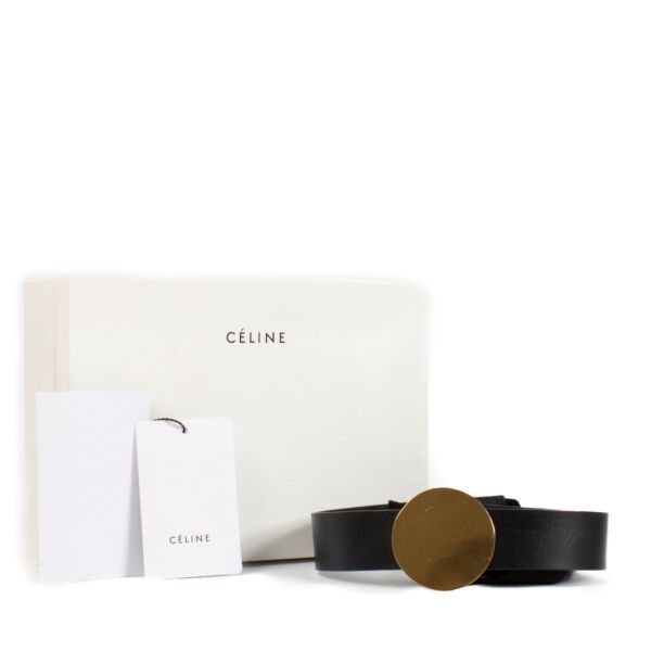 Celine Black Leather Belt with Gold Disk - One Size