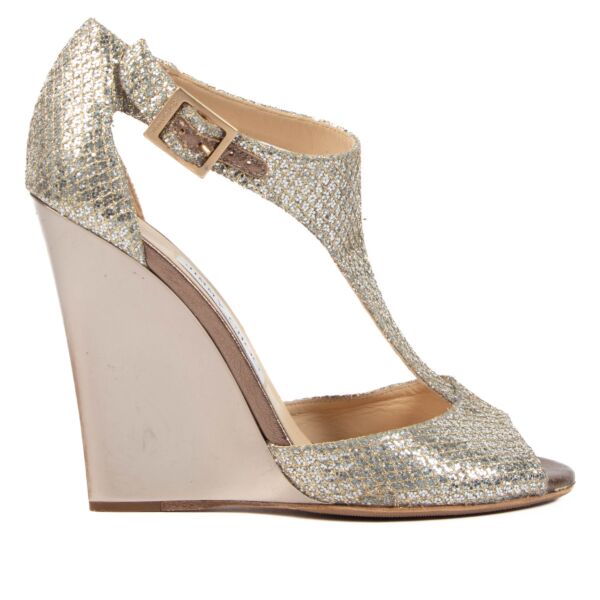 Jimmy Choo Glitter T-Strap Wedge Heels - size 37.5 for the best price at Labellov secondhand luxury in Antwerp