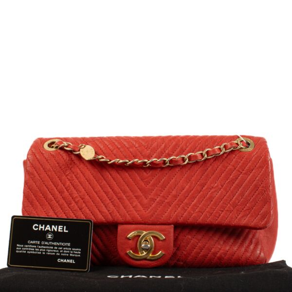 Chanel Red Chevron Wrinkled Lambskin Medallion Flap Bag