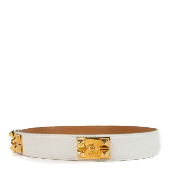 Hermès White Leather/Gold Buckle Collier De Chien Belt - size 80