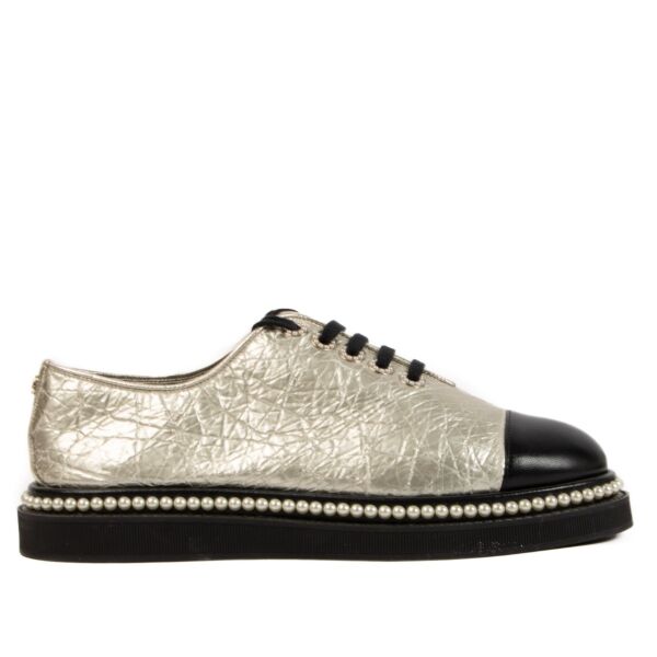 Chanel Silver Pearl Trimmed Derby Shoes