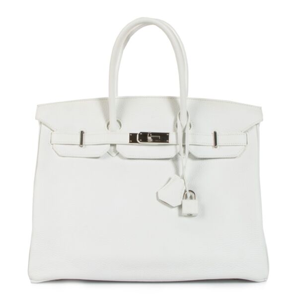shop 100% authentic second hand Hermès HSS Birkin 35 White Taurillon Clemence Leather & Biscuit Interior PHW on Labellov.com
