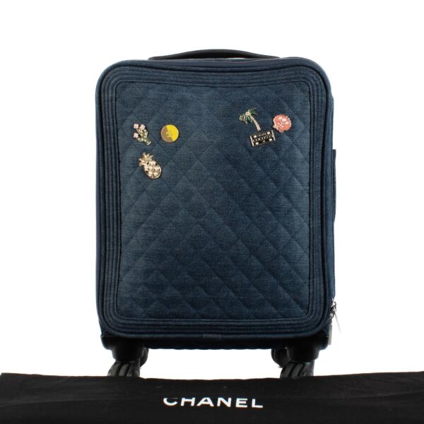 Chanel 17C Coco Cuba Blue Denim Charms Trolley Rolling Luggage