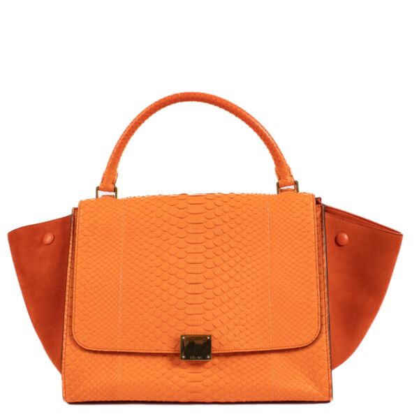 Shop safe online at Labellov in Antwerp, Brussels or Knokke this 100% authentic second hand Celine orange Python/ Suede Medium Trapeze Bag