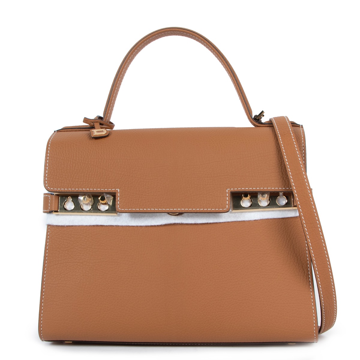 Delvaux Tempete Top Handle Bag Leather MM, crafted from brown leather