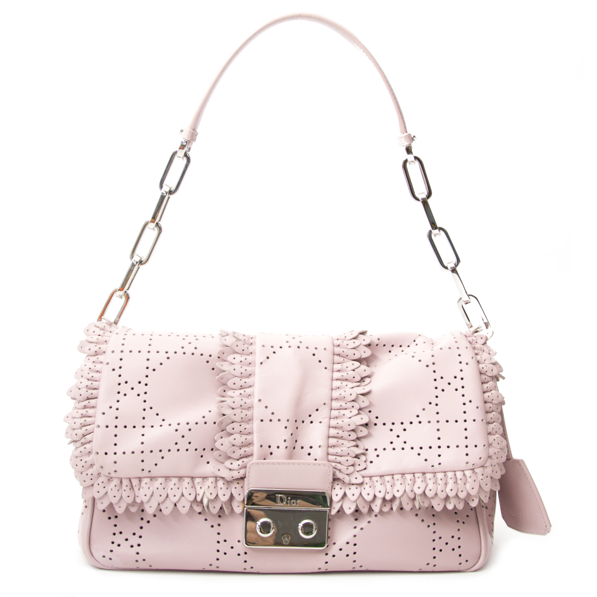 Vintage Authentic Dior Pink Leather Perforated New Lock Flap Bag France