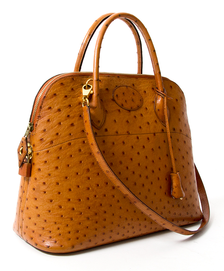 Hermes Cognac Ostrich Leather Exotic Gold 'H' Logo Shoulder Flap Bag in Box  at 1stDibs