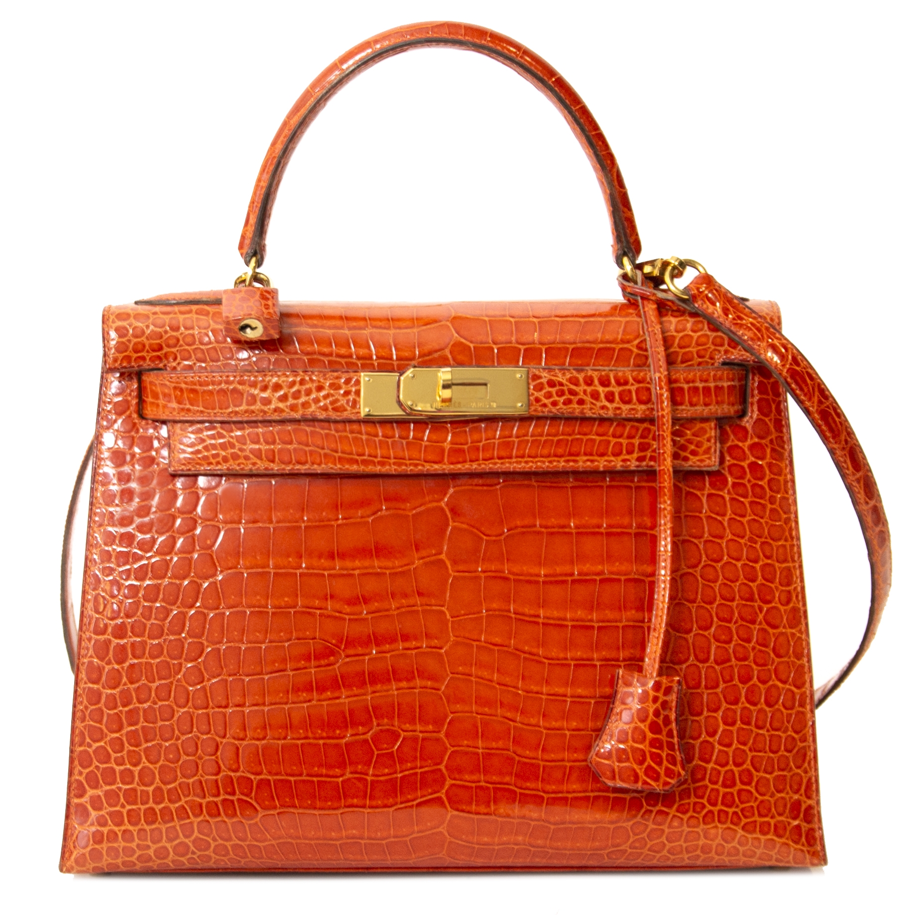 Hermès Kelly 28 Rouge Agathe Crocodile Porosus GHW With Strap