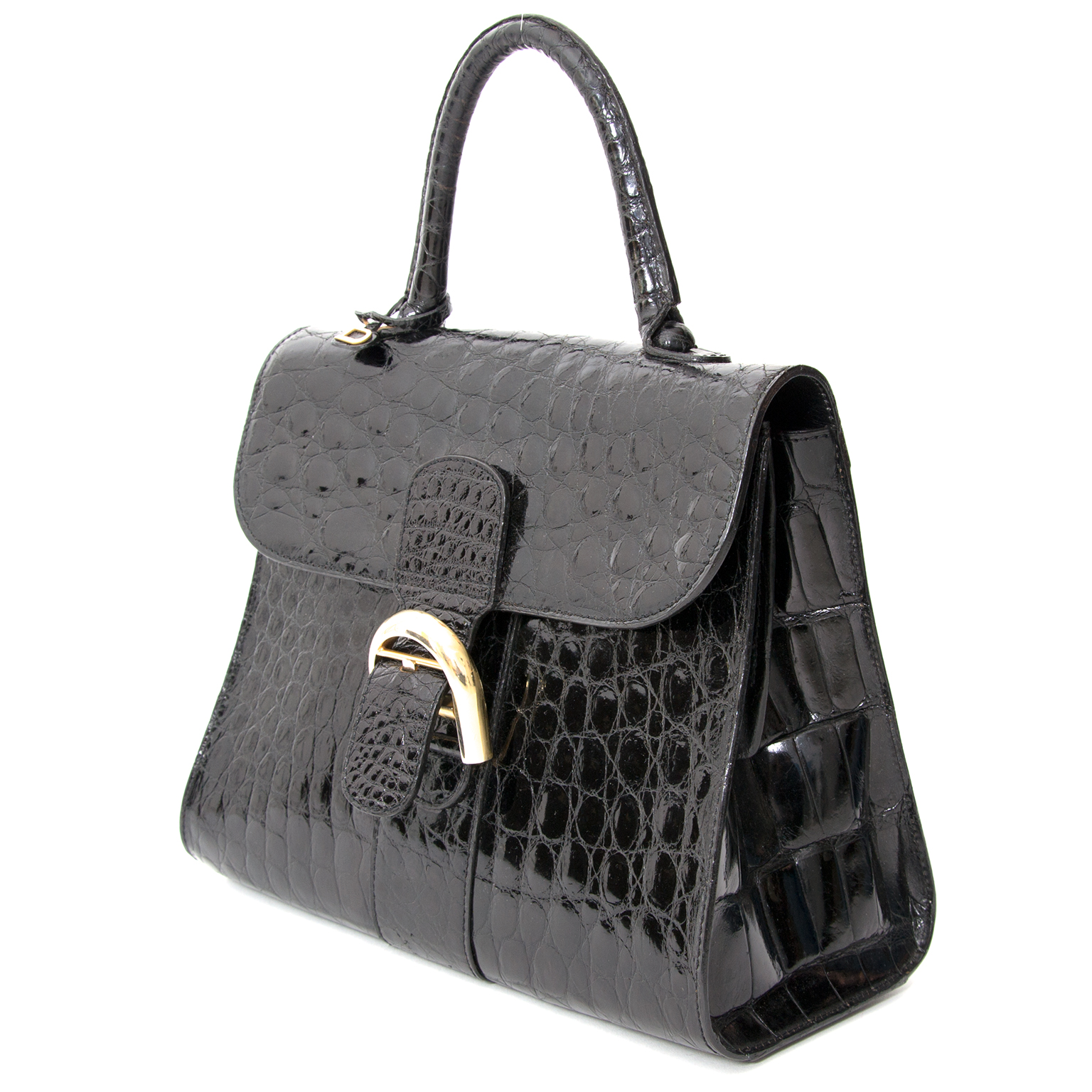 Lot - A Delvaux Brillant black croco vintage handbag, H 23 x 28,5 cm