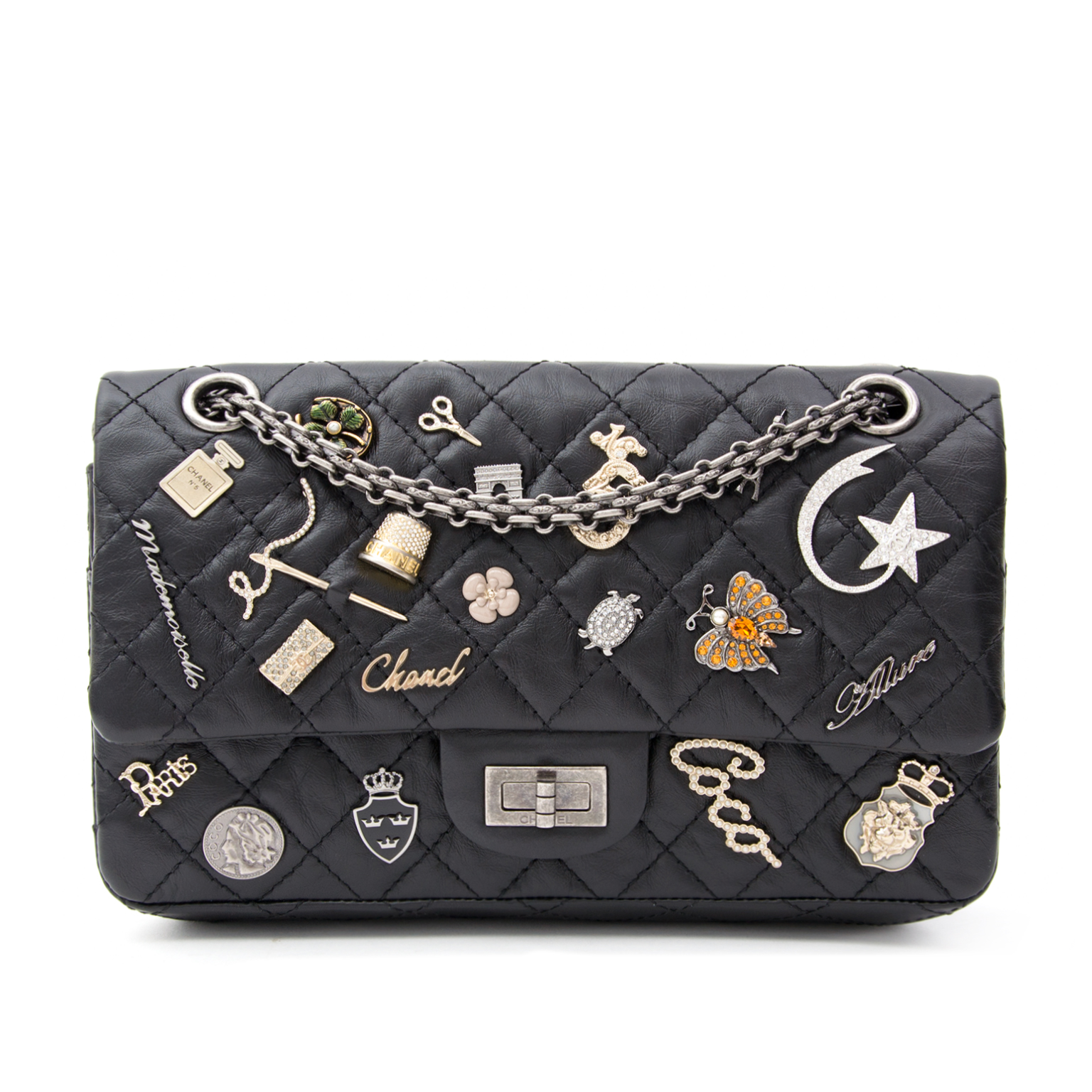 Chanel Black Reissue 255 Lucky Charm Bag Size 224  Worlds Best