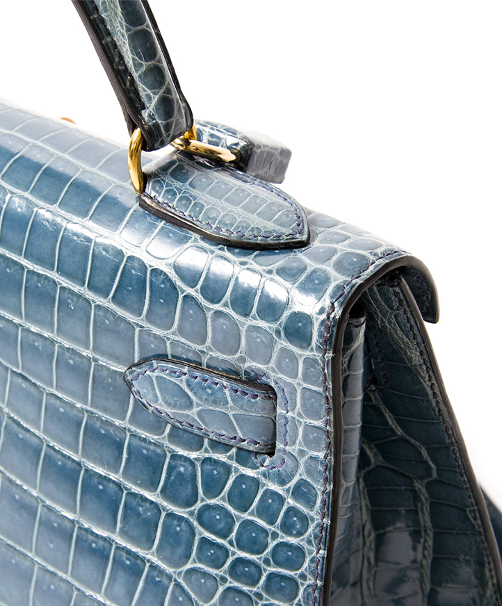 Rare Hermes Blue Jean Porosus Crocodile 32 Kelly GHW ○ Labellov