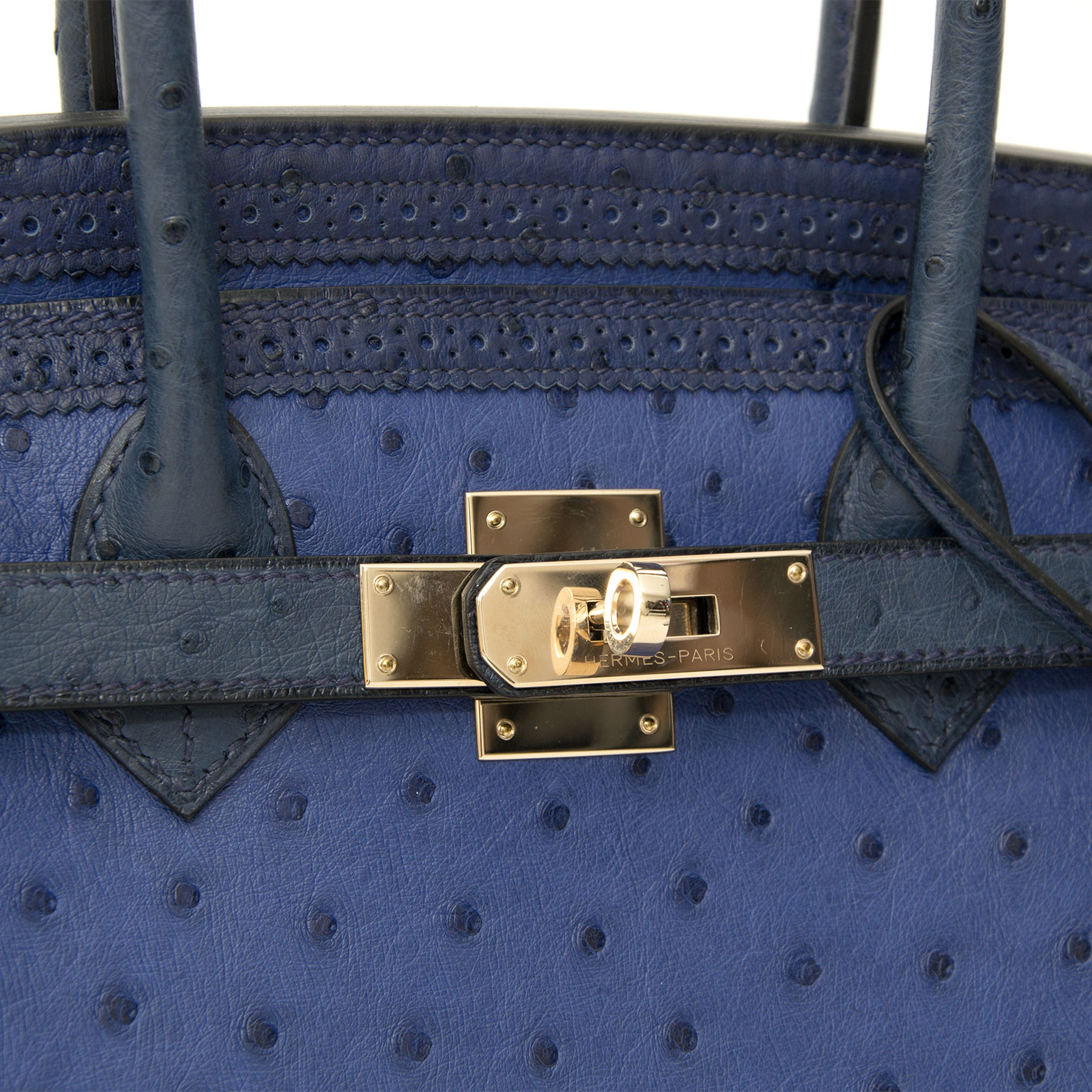 Hermes Birkin 30 Ghillies Tri color Bleu Iris/Bleu de Malte/Bleu Saphir  Ostrich Gold Hardware - Vendome Monte Carlo