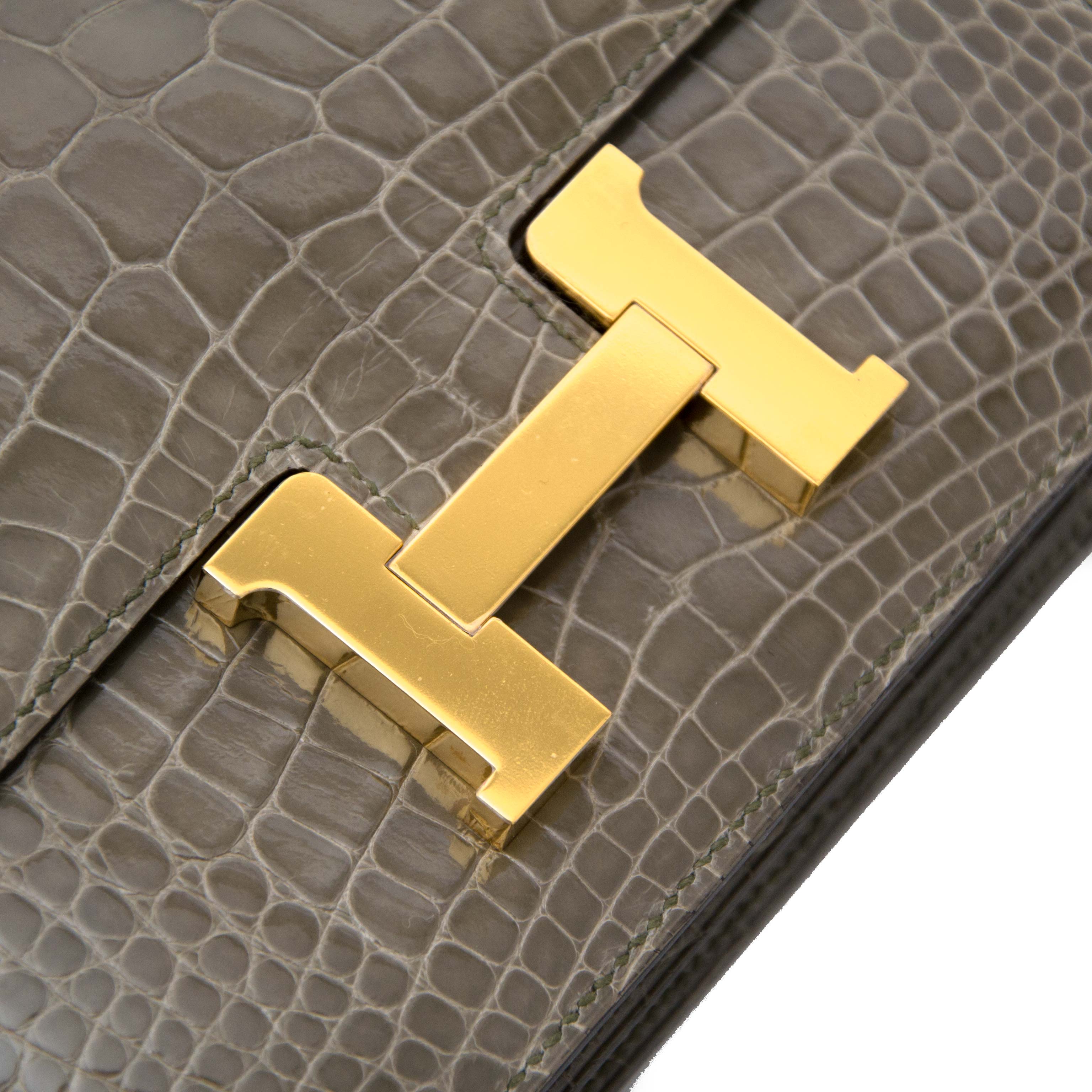 Hermès Constance Long Wallet Gris Tourterelle Shiny Alligator Gold