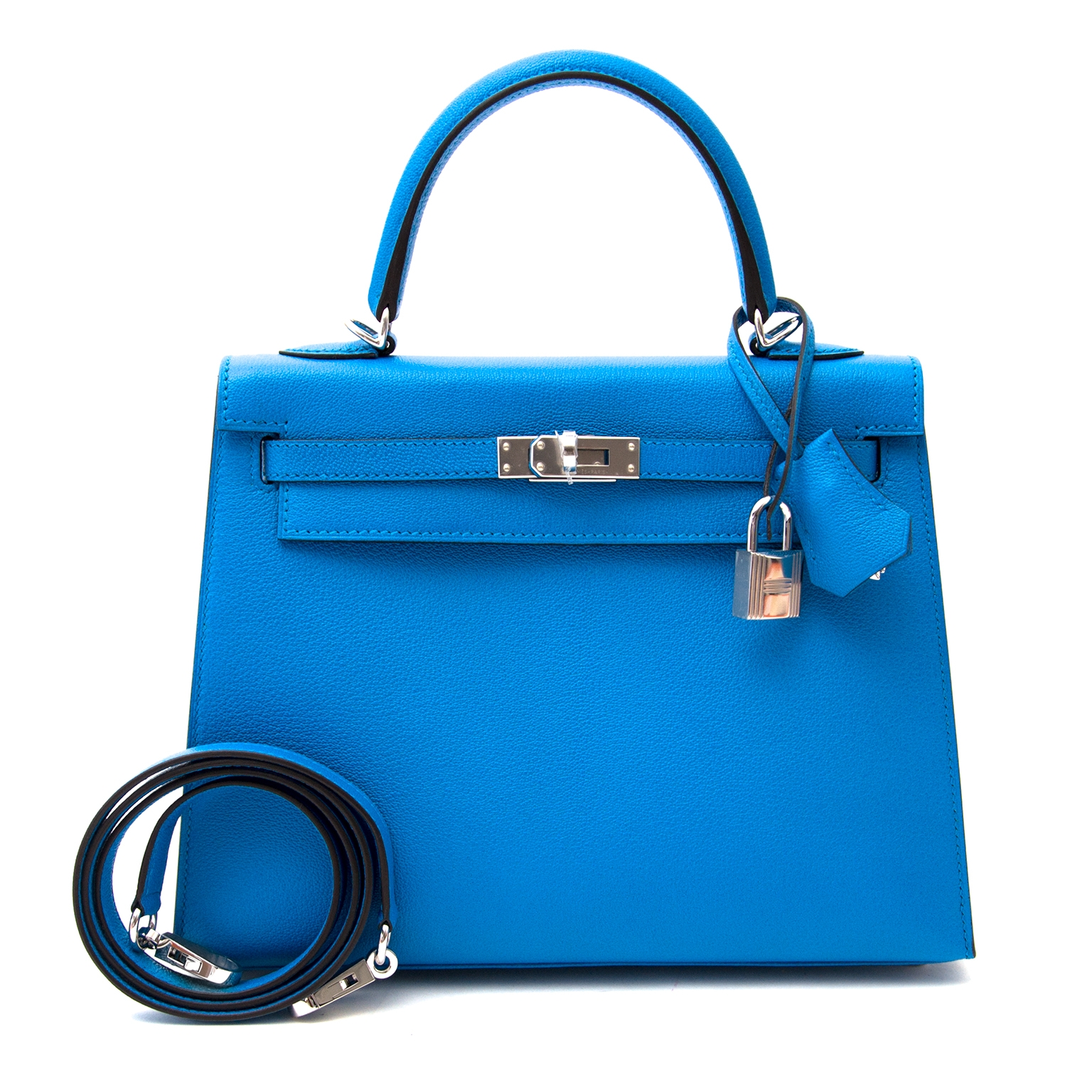 New authentic Hermes Kelly 25 blue zanzibar with silver hardware