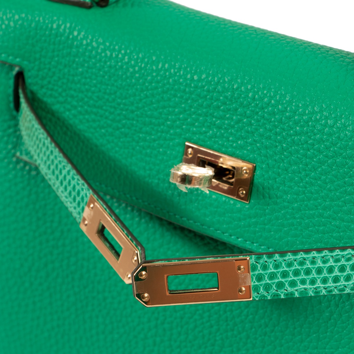 Hermes Touch Kelly Handbag Menthe Togo with Lizard and Gold