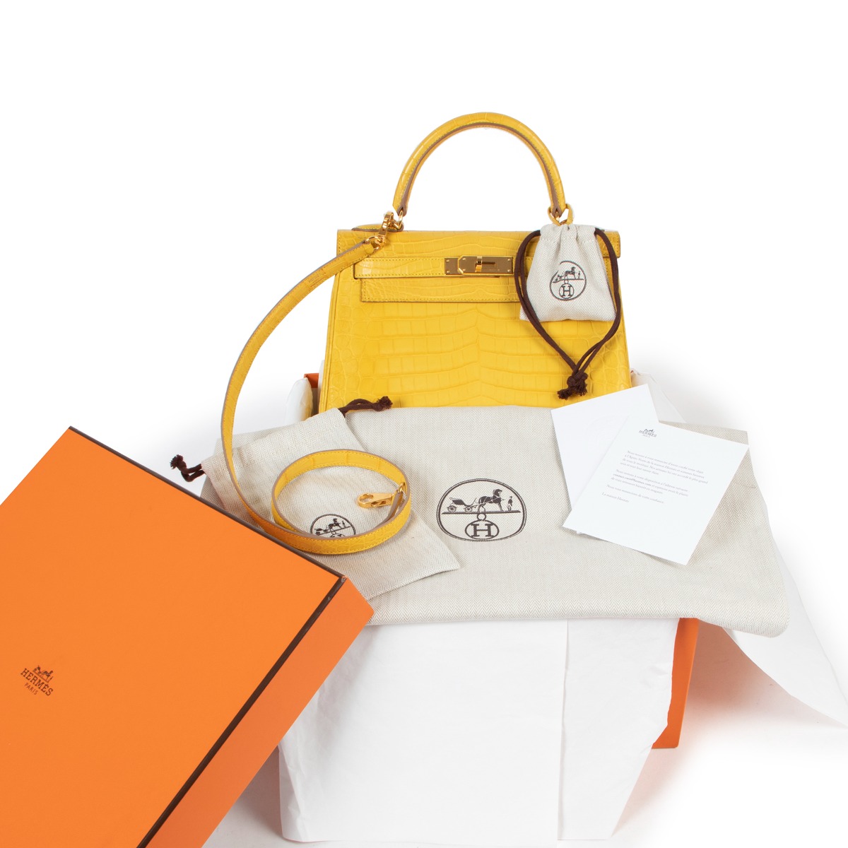 Hermès Kelly 28 Niloticus Crocodile Jaune Mimosa