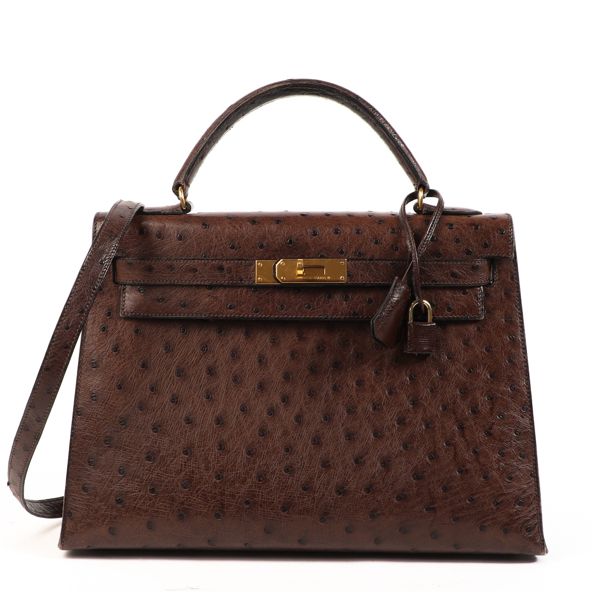 Hermes Ostrich Skin Kelly 32 with GHW in Marron Fonce