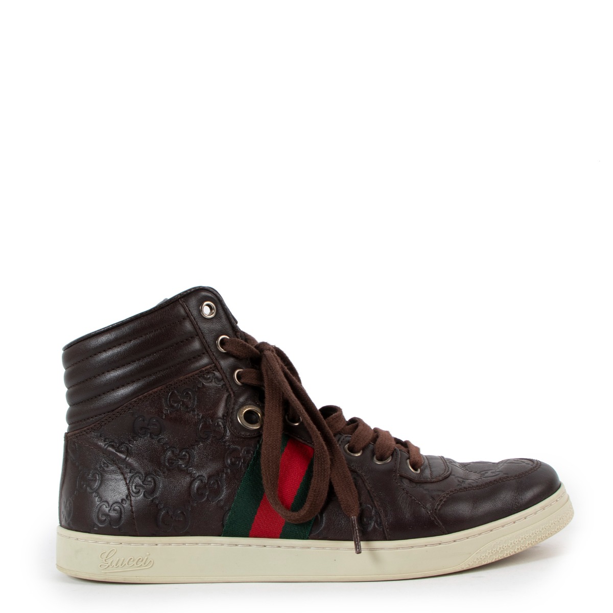 Gucci Brown Guccissima Leather Web Detail High Top Sneakers Size 40