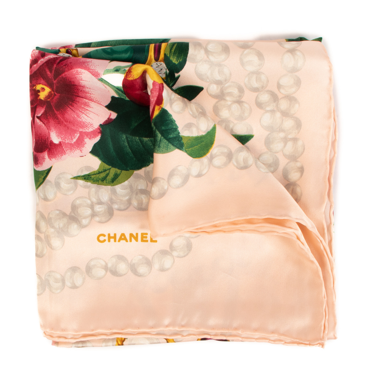Vintage Chanel Jewel Gripoix Pearls Silk Scarf 34x34  HelensChanel