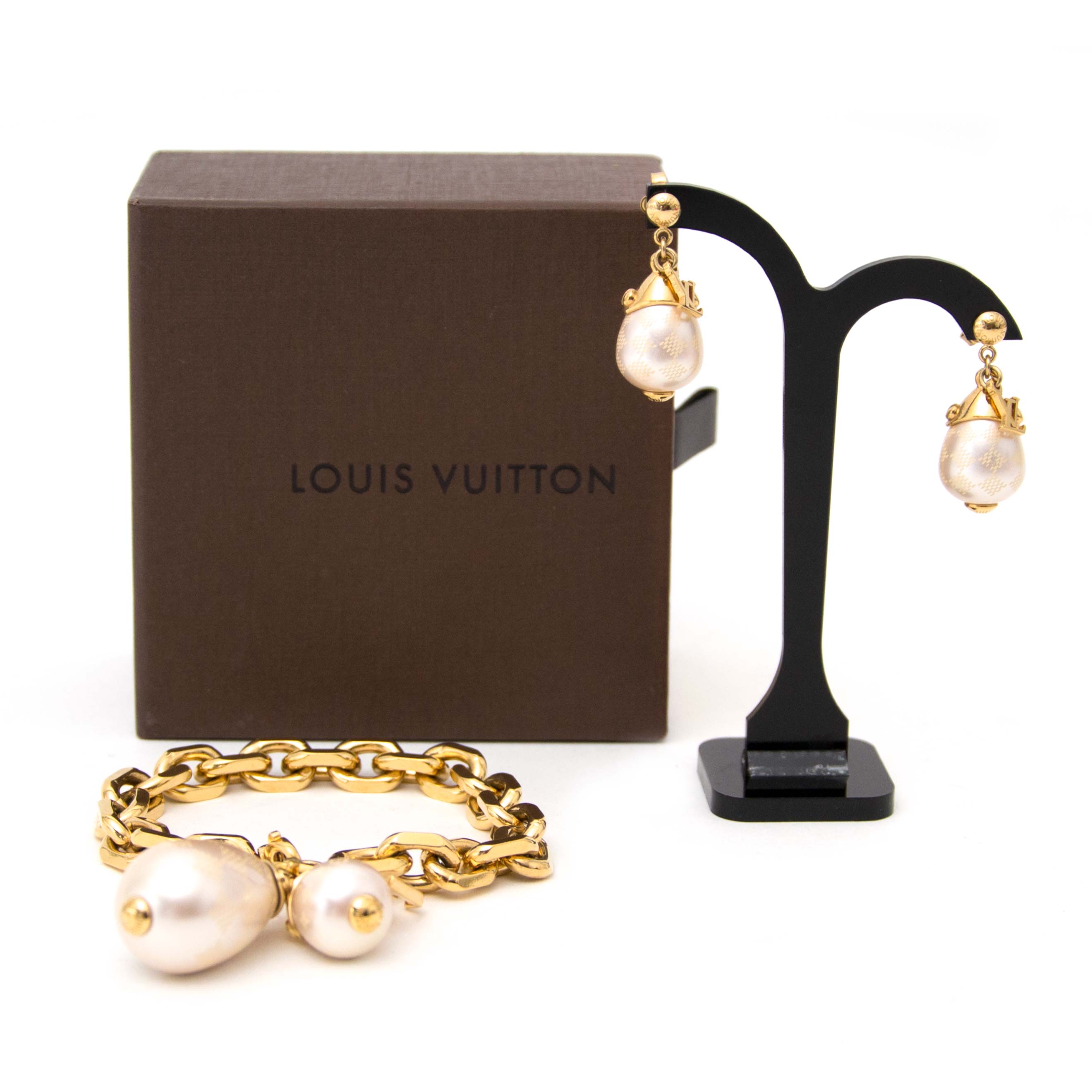 Louis Vuitton Gold Tone Damier Perle Drop Earrings Louis Vuitton