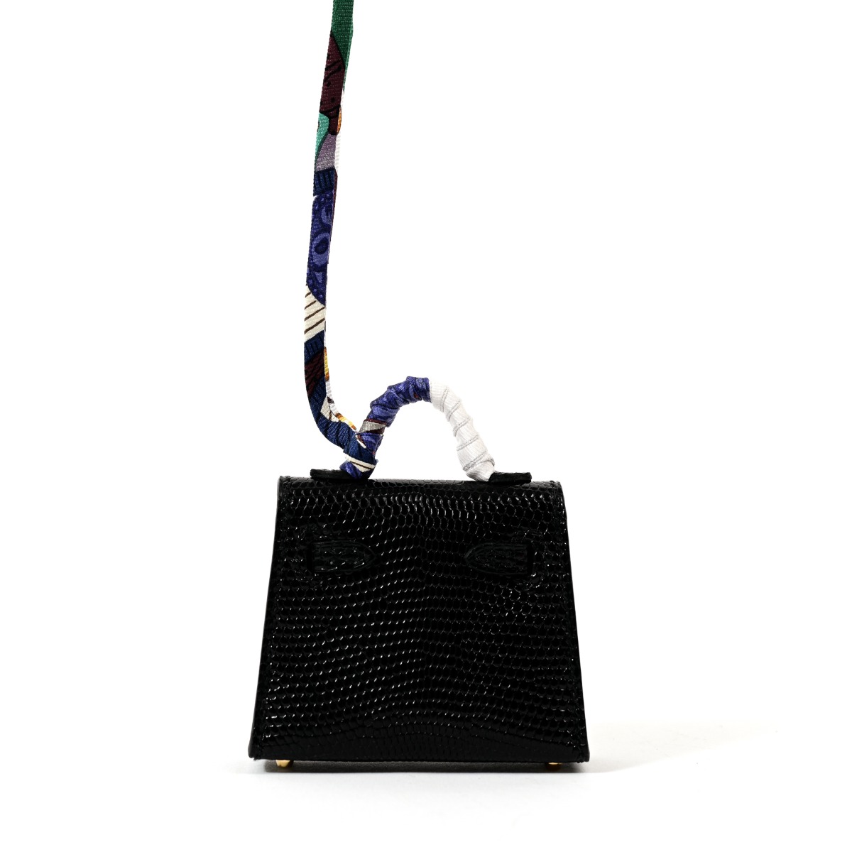 Hermès Black Lizard Micro Kelly Bag Charm with Twilly For Sale at 1stDibs