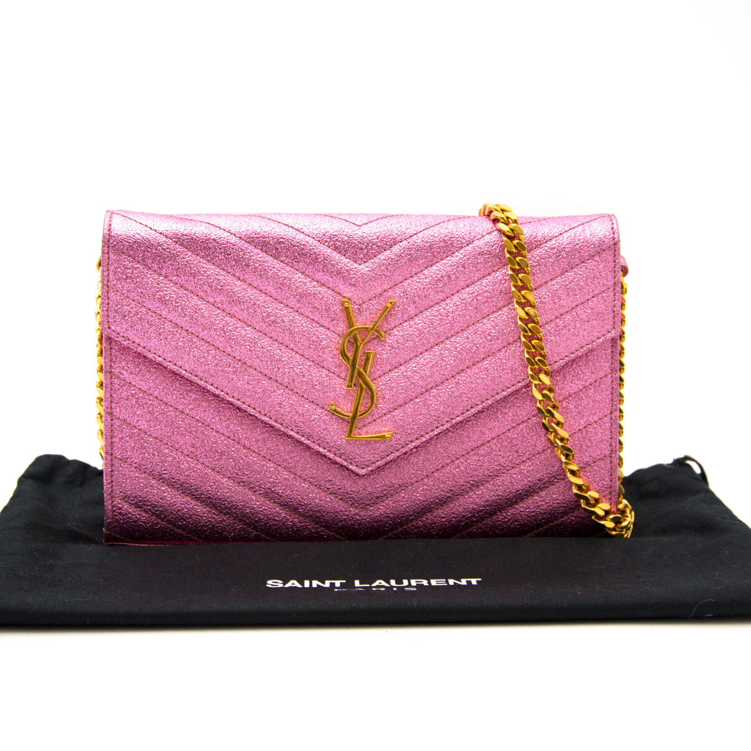 Saint Laurent Pink Textured Metallic Chain Wallet ○ Labellov