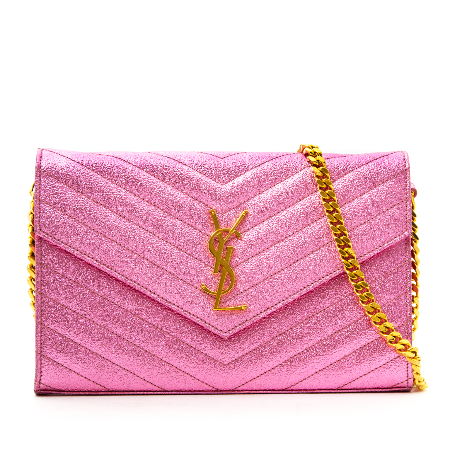 Saint Laurent Pink Textured Metallic Chain Wallet ○ Labellov