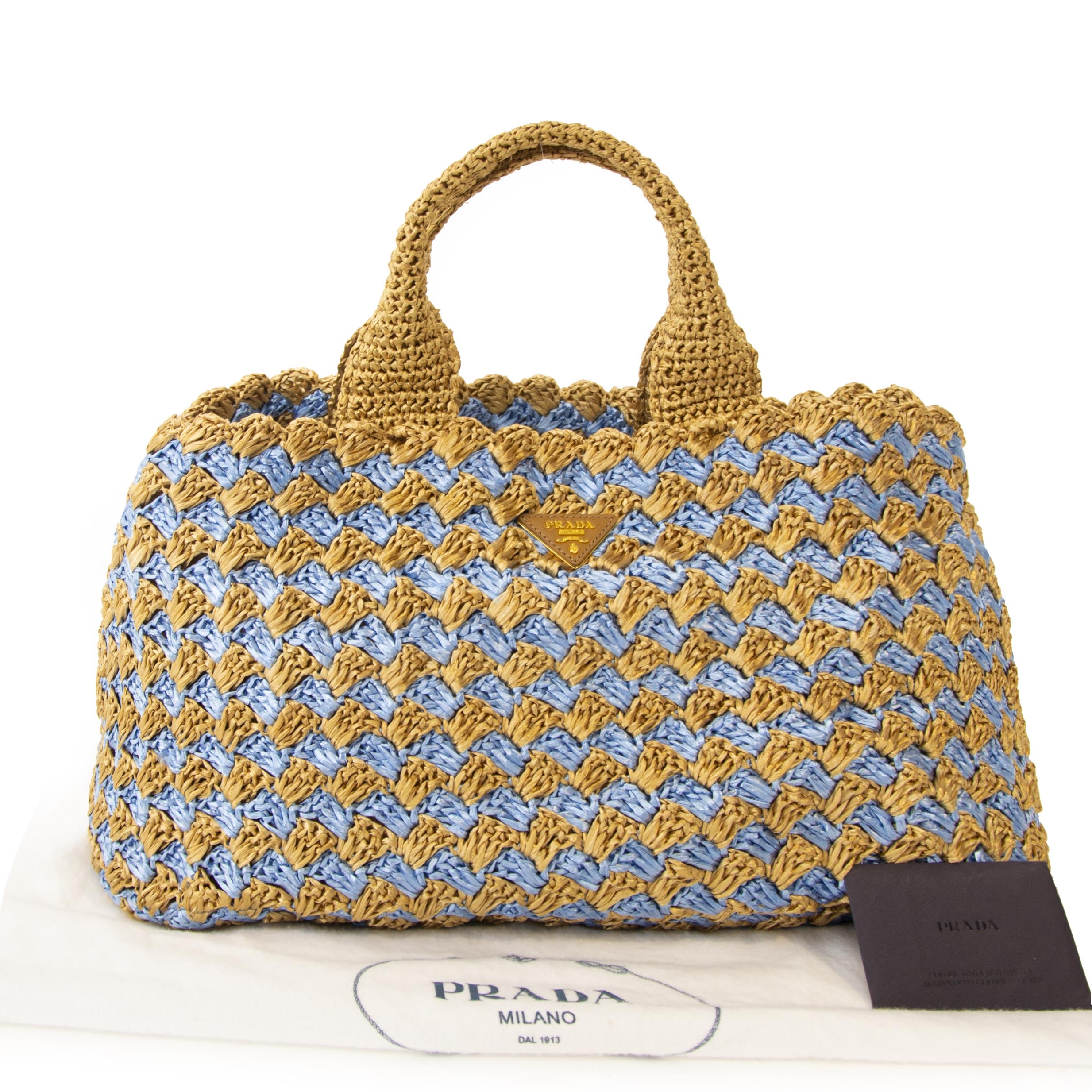 PRADA beige and blue CANAPA RAFFIA CROCHET Tote Bag Naturale/Ciel