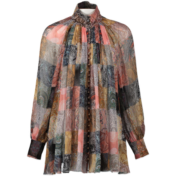 Zimmerman Patchwork Paisley Printed High-neck Smocked Silk Top Labellov ...